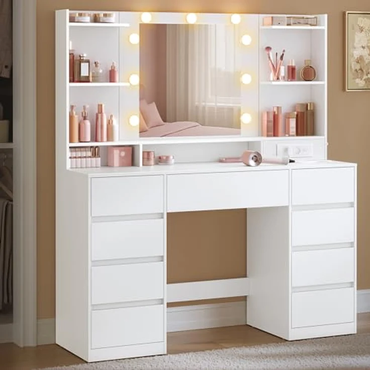 VASAGLE Kailyn Kollektion - Schminktisch mit Spiegel und LED-Leuchten, Steckdosenleiste, 9 Schubladen, 9 dimmbare Glühbirnen, 3 Lichtfarben, werkzeuglose Gleitschienen, wolkenweiß RDT141WB02 – Bild 2