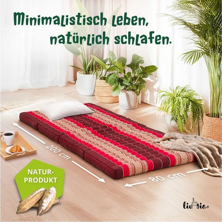 Klappmatratze Faltmatratze 80 cm (Classic) - 200x80x8cm, livasia, 8 cm hoch, Kapok, vegan, handgefertigt – Bild 1
