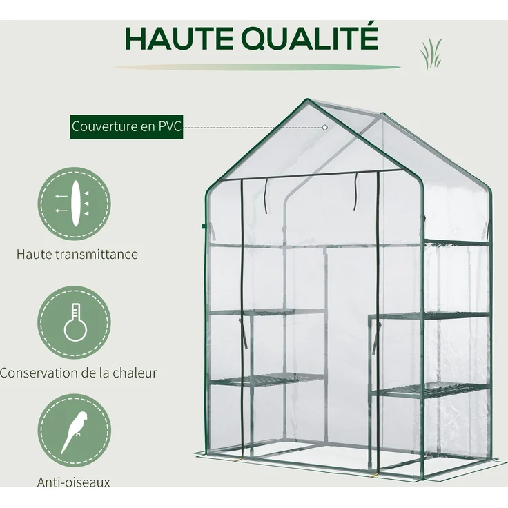 MELAYR, Gewächshaus mit 4 Stahlregalen, hochdichtem PVC (140 g/m²), UV-beständig, 142 x 73 x 195 cm, transparent grün – Bild 6