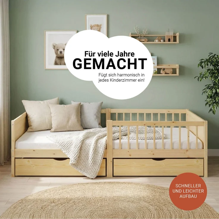 Kinderbett 90x200 cm mit Matratze 2 Bettkästen Rausfallschutz Holzbett Natur Einzelbett Gitterbett Holzbettrahmen – Bild 9