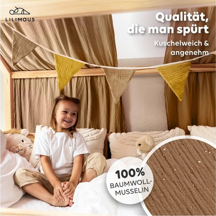 lilimaus Betthimmel Hausbett Himmel Gold aus Musselin - 2er-Set für Kinderbett (1-tlg), 2 Stoffbahnen mit feinen Goldapplikationen - schnell montiert – Bild 2
