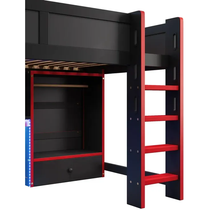 Hochbett mit Schreibtisch, LED-Streifen, Kleiderschrank, PC-Ständer, Leiter, Schubladen, Rausfallschutz, 140x200cm, Kinderbett – Bild 9