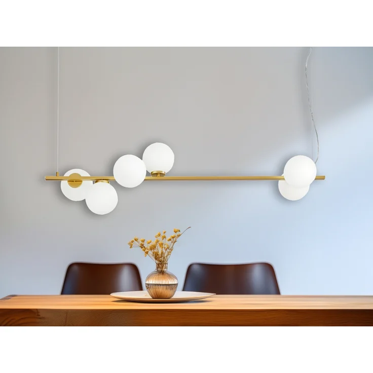 LED Pendelleuchte 6-flammig Gold mit Glaskugeln in Opalweiß, Breite 120cm – Bild 1