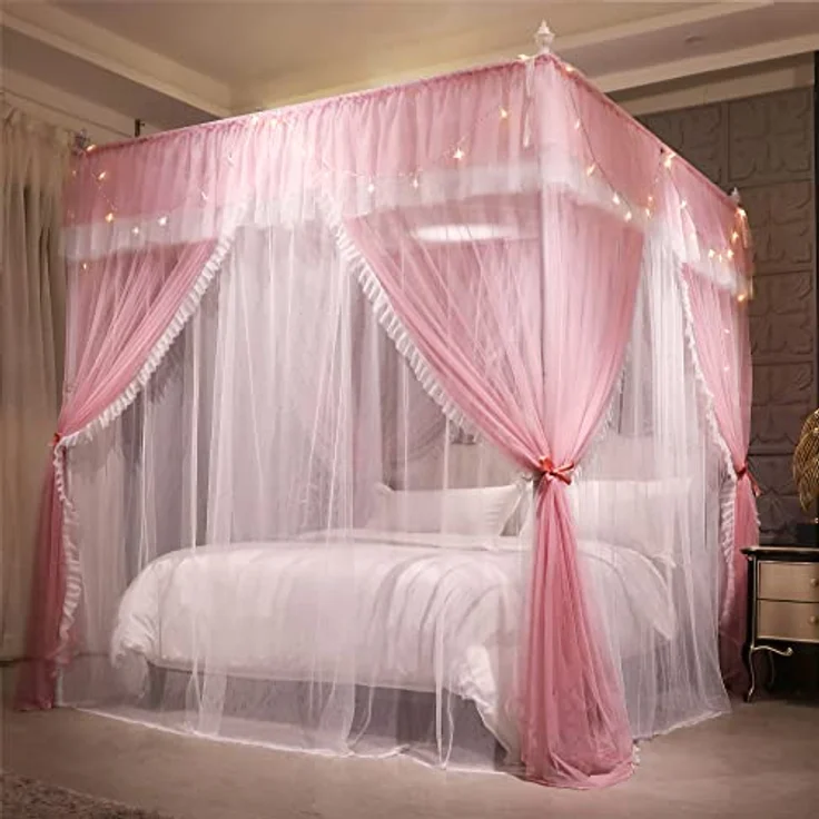 VETHIN 4 Ecken Pfosten Rüschen Prinzessin Bett Baldachin Vorhang, 4 Öffnungen Moskitonetz für Mädchen Erwachsene Schlafzimmer Dekoration (Rosa/Weiß, 162.6 cm Bx208.3 cm Lx208.3 cm H) Queen – Bild 4