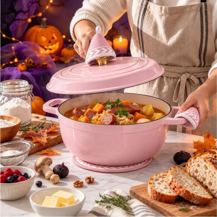 VINGLI Kasserolle Gusseisen Topf Dutch Oven Emaillierter Bräter Schmortopf mit Deckel, (Rund, 5 L), für alle Herdarten & Backofen backfest bis 260 °C – Bild 3
