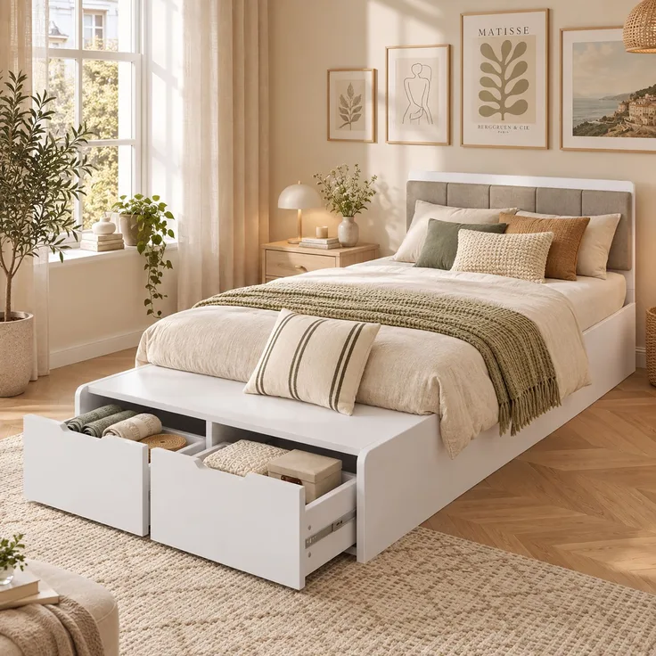 Holzbett 90×200 cm mit 2 Schubladen und gepolstertem Kopfteil, Weiß, ohne Matratze