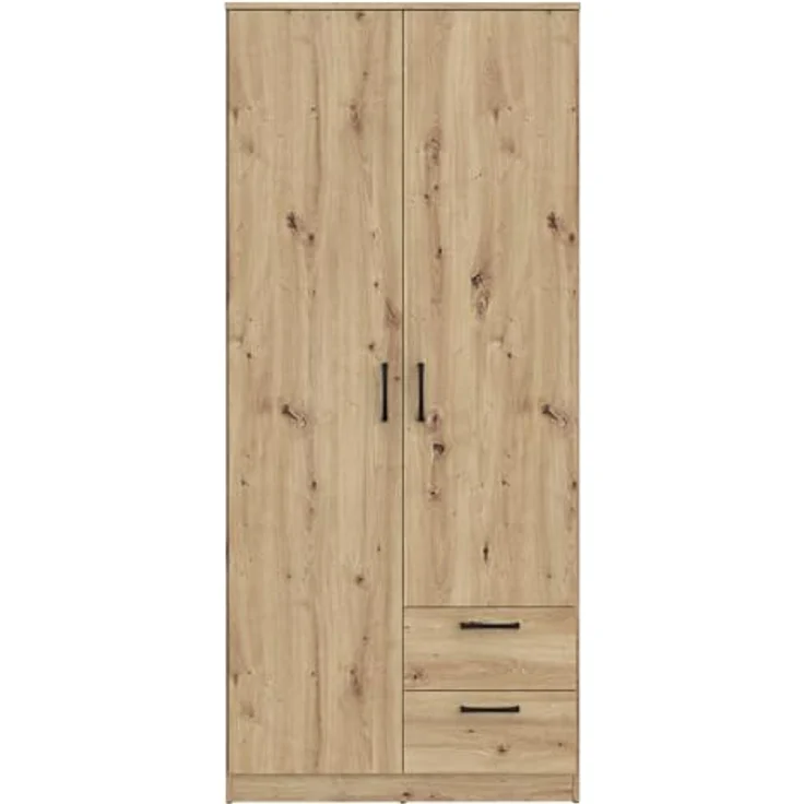 FORTE NIKO Kleiderschrank 82, Scandi Kleiderschrank mit 2 Türen und 2 Schubladen, Holzwerkstoff, Artisan Eiche Dekor, 81,9 cm breit, 185 cm hoch, 52,7 cm tief – Bild 3