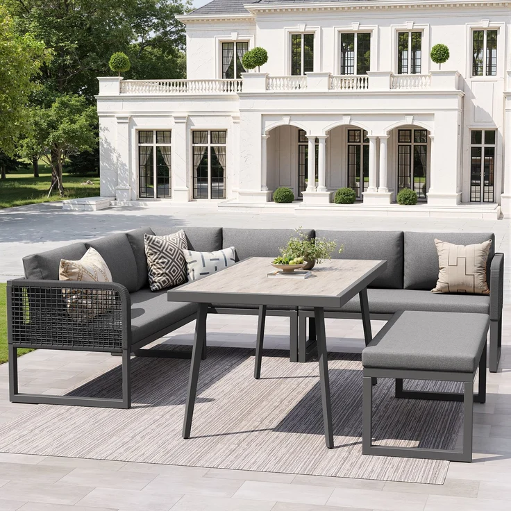 Merax Gartenmöbel Set mit Sitzkissen & Rückenkissen, Garten-Lounge-Set, Garten Loungesessel für 6-8 Personen, SetHandgeflochtene PE-Rattan Polstergruppe, Grau – Bild 3