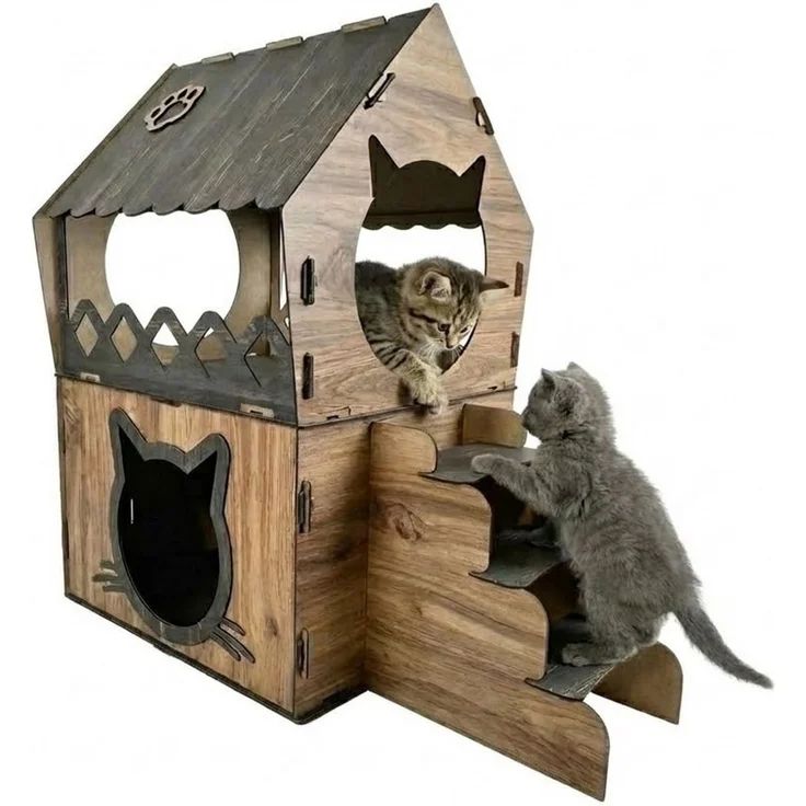 Jungengel Katzenliege XL Katzenhaus Katzenhäuschen Katzenhütte Stecksystem Katzenbett, 2-Stöckig, Einfache Montage, Bietet genügend Platz für eine Katze – Bild 1