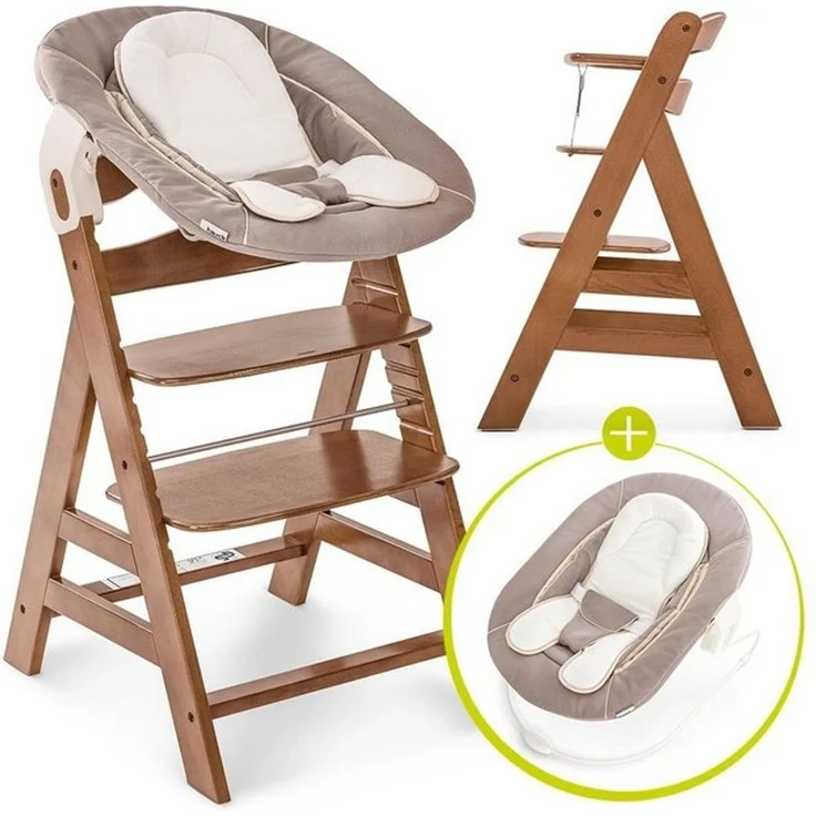 Hauck Hochstuhl Alpha Plus Walnut - Newborn Set (Set, 4 St), Holz Babystuhl ab Geburt mit Aufsatz für Neugeborene höhenverstellbar – Bild 4