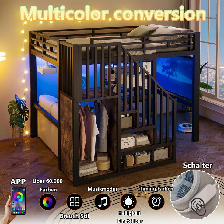 U-life Hochbett 140x200 cm, fürs Schlafzimmer, Eisenbett, Aufbewahrungstreppe, Gitter, Aufhängestange, MDF, Schwarz – Bild 5