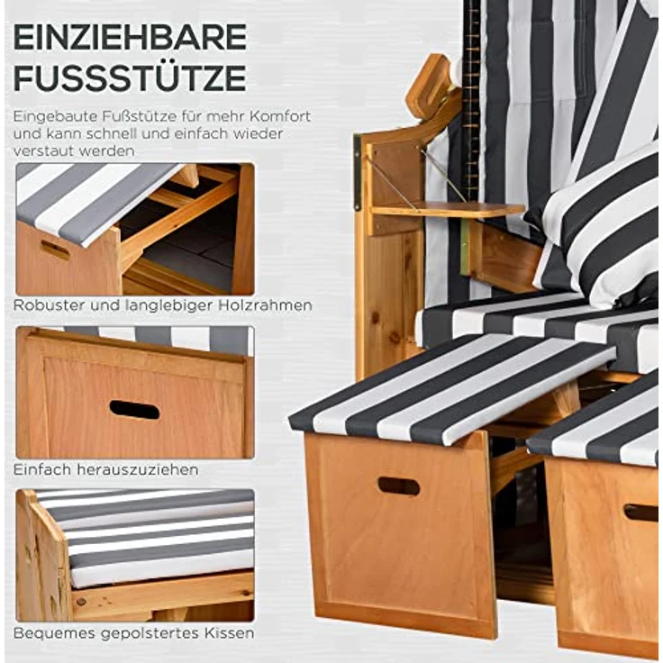 Outsunny Doppelte Strandkorb, Grau, mit verstellbarer Rückenlehne, 2 Klapptischen und Fußstützen, 79x160x118 cm – Bild 7