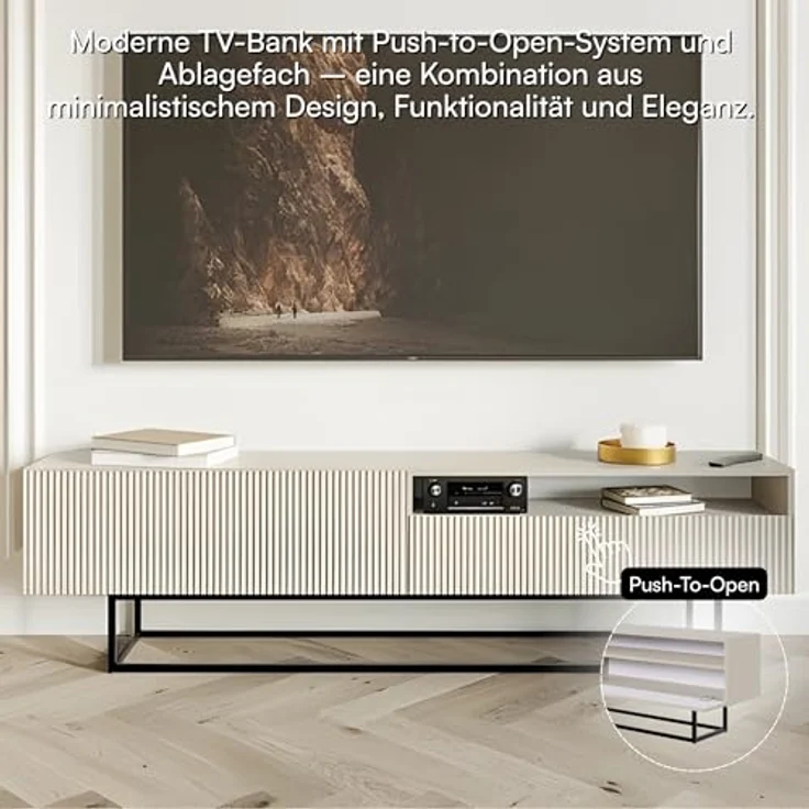 Selsey 'Veldio' TV-Lowboard mit offenem Fach, greige mit schwarzem Metallgestell, ca. 46 x 175 x 32 cm – Bild 4