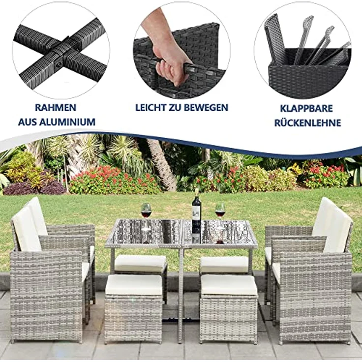Ribelli Gartenmöbel Set 9-Teilig, Lounge Balkonmöbel aus Polyrattan, Wetterfest Sitzgruppe, Sitzgarnitur mit Sofa, Esstisch, Outdoor Kissen, Hocker, für Rasen, Terrasse, Garten, Grau/Cream – Bild 4