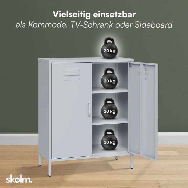 skølm 'Atria' Metallkommode, grau, 100x38x80 cm, Metallschrank mit 3 Fächern – Bild 5