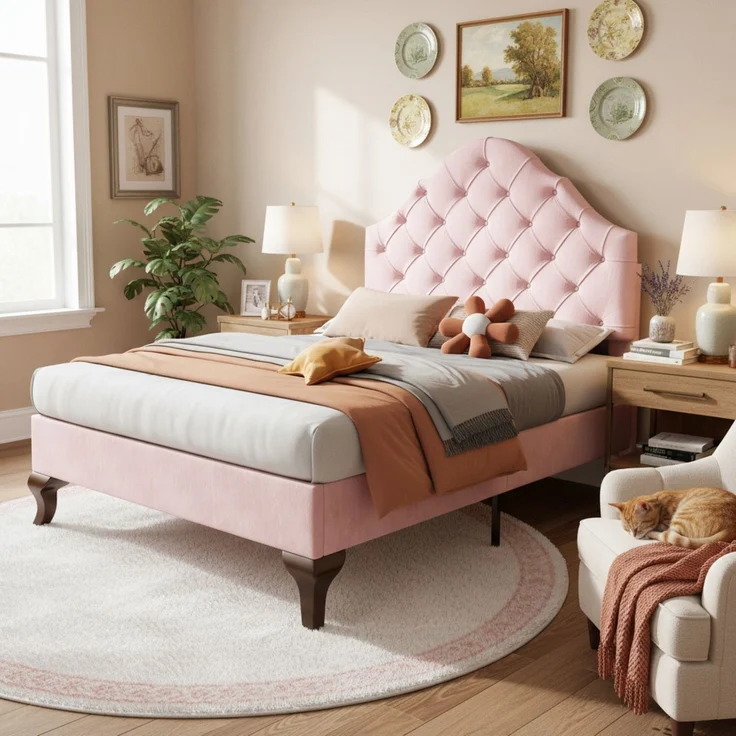 EINHOM Polsterbett 90 x 200 cm mit Lattenrost und Kopfteil, Polsterbett mit Höhenverstellbares Kopfteil, Jugendbett, Einzelbett, Holzlattenunterstützung, Einfache Montage, Samt, Rosa, (Ohne Matratze) – Bild 2