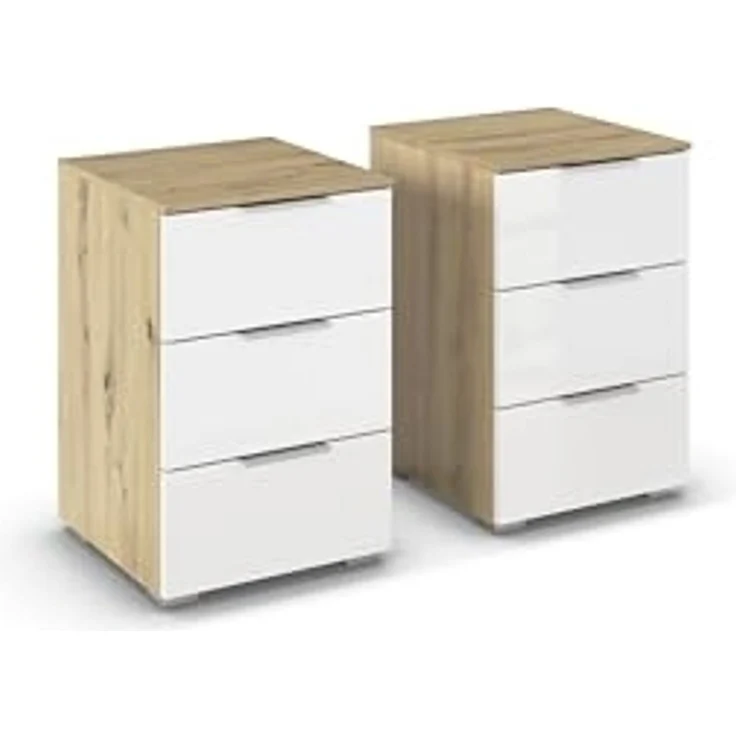 Rauch Möbel Alabama, Nachttisch-Paar für Schlafzimmer, Kinderzimmer, Gästezimmer, mit je 3 Schubladen, Soft-Close-Funktion, Farbe Weiß Hochglanz/Eiche Artisan, Holz, Griff Alufarben, Maße 40 x 61 x 42 cm – Bild 1