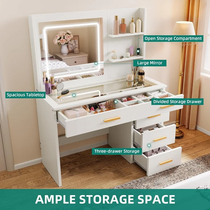 YITAHOME Schminktisch mit Beleuchtung, Dressing Table mit Spiegel Schminktische mit Hocker Farben mit Einstellbarer Helligkeit, Frisiertisch mit 5 Schubladen Offenen Fächern Vanity Table weiß – Bild 5
