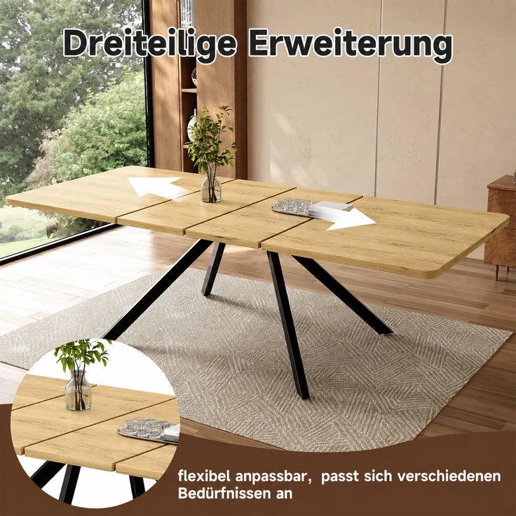 Merax Ausziehbarer Esstisch mit 3 Längen, 160/200/240*90 cm, geeignet für 6-10 Personen, rechte Form, Metallbeine, einfacher Stil, Tisch für Esszimmer, Küche, Eichenfarbe – Bild 5