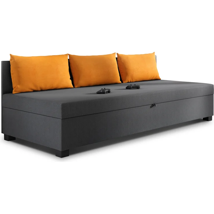 Schlafsofa Misti III - Einzelbett mit Kissen, Sofa mit Bettkasten, Bettsofa, Farbauswahl, Bettgestell, Komfortbett, Bett für Jugendzimmer, Schlafmöbel (Graphit + Orange (Lux 06 + Lux 09)) – Bild 2