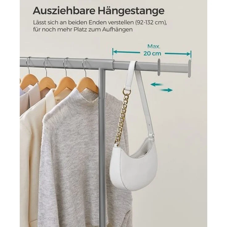 Songmics Kleiderständer auf Rollen, Garderobenständer, ausziehbare Kleiderstange, bis 90 kg belastbar, einfache Montage, transportabel, taubengrau – Bild 3