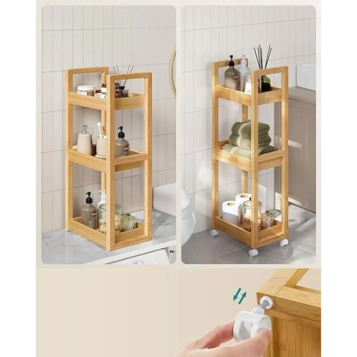 SONGMICS Badezimmerregal mit 3 Ebenen und Rollen, Bambus naturbeige, 30 x 20 x 80 cm – Bild 5