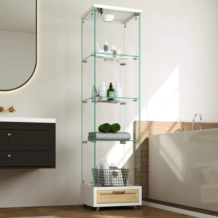 Moderne Glasvitrine mit Schubladen,Vitrine mit LED-Beleuchtung,Bücherregal aus gehärtetem Glas,Eintüriger Schrank mit vier EinlegebödenGeeignet für Wohn- und Schlafzimmer, weiß-H167/B42.5/T36.5 cm--Weiß--42.5x36.5x167cm--YOUDENOVA – Bild 1