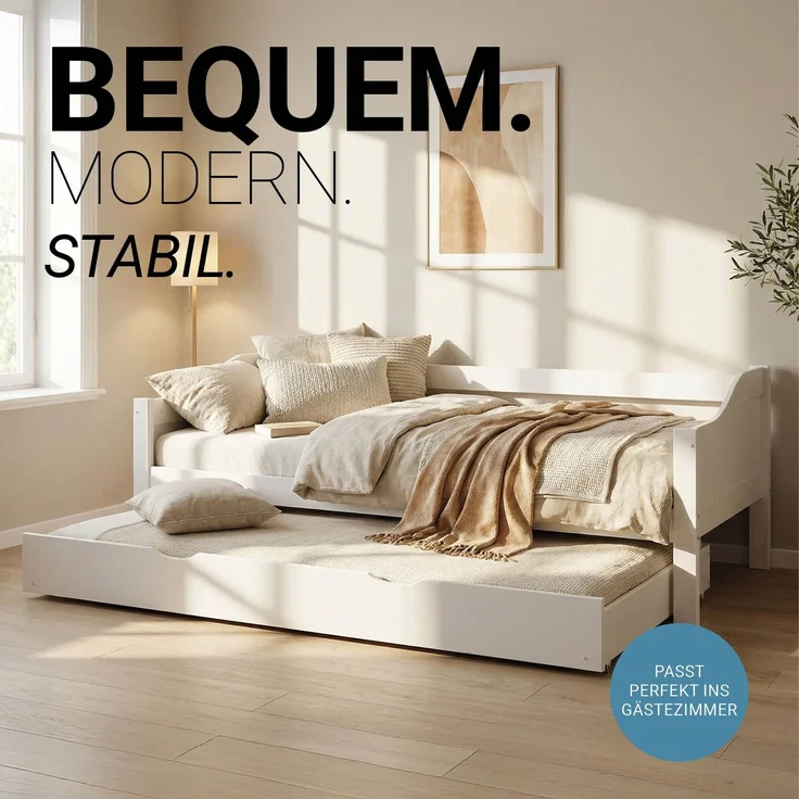 Gästebett Holzbett 90x200 cm mit 2 Matratzen Weiß Tagesbett ausziehbar Jugendbett Ausziehbett Funktionsbett – Bild 5
