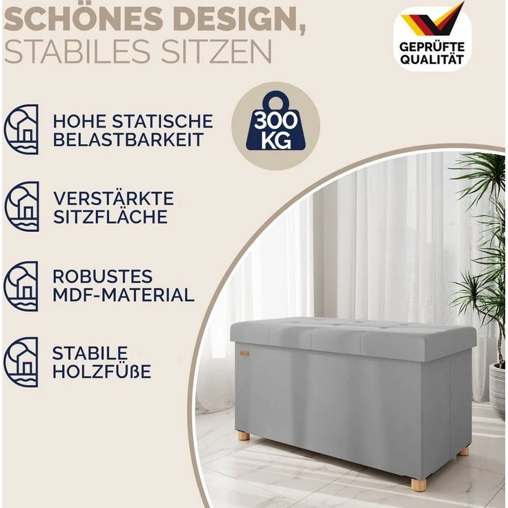 Casaria Sitzbank, Samt Grau Faltbar inkl. Füßen & Boxen 76x38cm 300kg Belastbarkeit Flur – Bild 3