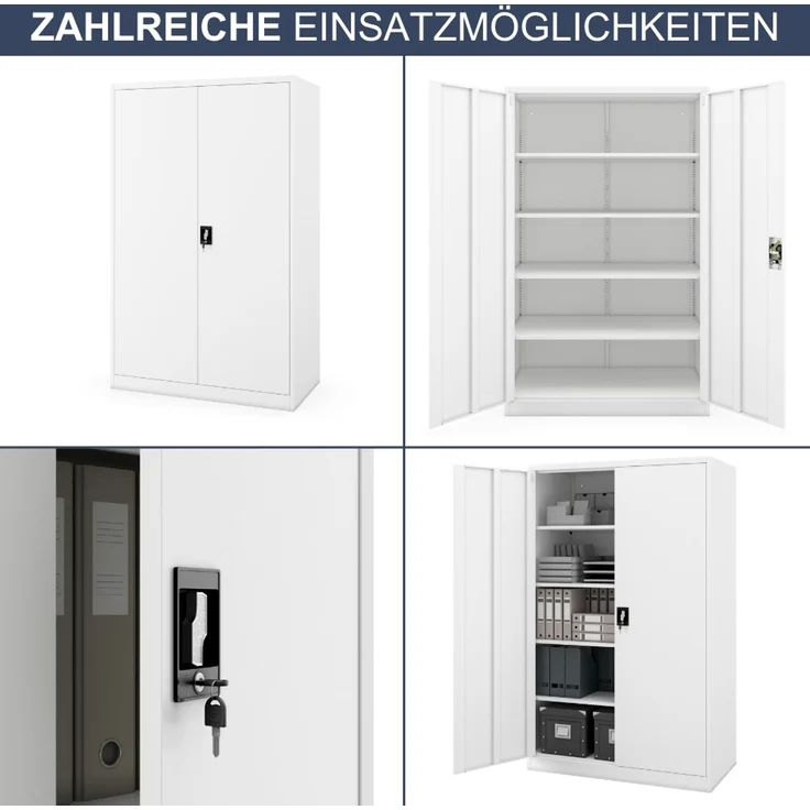 Aktenschrank abschließbar KADO - 5 Ebenen verstellbar, Flügeltüren | Metallschrank Werkstatt Mehrzweckschrank Büroschrank aus Stahl Werkzeugschrank, 185 x 115 x 60 cm Weiß – Bild 6