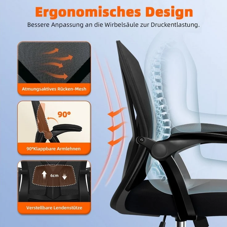 Hiazurm Bürostuhl Bürostuhl,Chefsessel aus Mesh,Ergonomischer Schreibtischstuhl (Verstellbarer Armlehnen, Lendenwirbelstütze,Drehstuhl Wippfunktion,Atmungsaktiv), Verlängerte und Verbreiterte Rückenlehne, Bis 155 kg,Schwarz – Bild 3