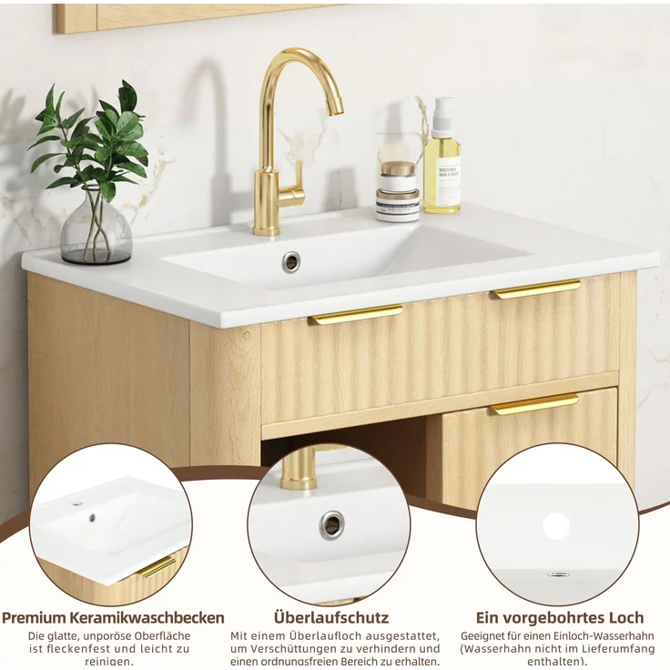 Waschtischkommode 61 x 47 x 90 cm aus MDF mit Keramikwaschbecken, Schiebetür und Wellenstruktur – Bild 7