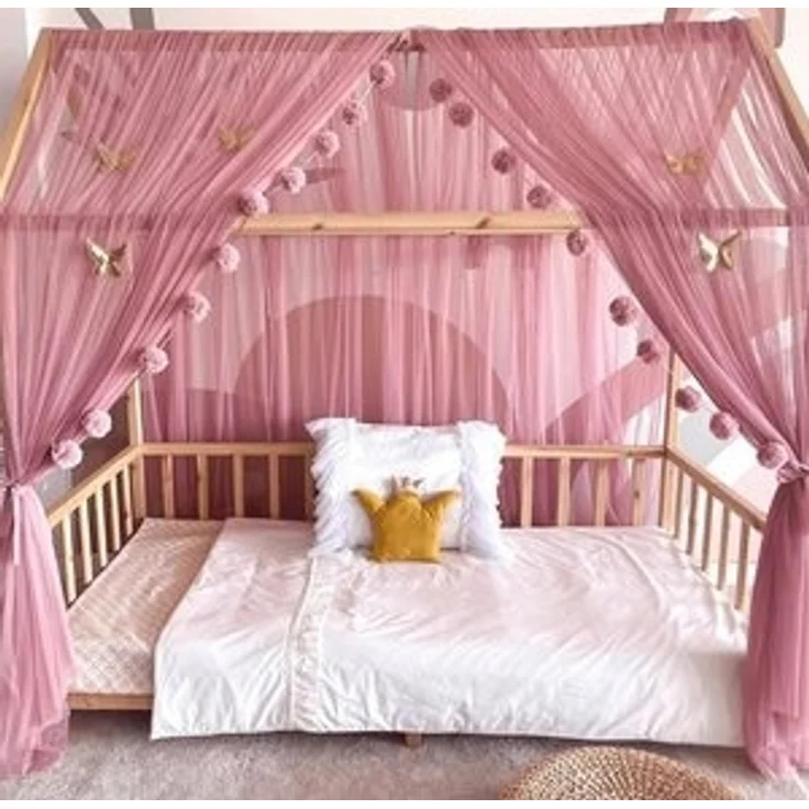 Baby Fancyroom Betthimmel Betthimmel Tüll Hausbett Kinderbett 2 Stück 340cm 380cm Montessori (3-tlg. Set mit 2x Betthimmel und einer 20er Pomponkette, Baldachin, Kinder Betthimmel Baldachin Himmel Deko Set), Betthimmel für Hausbett Montessori – Bild 6