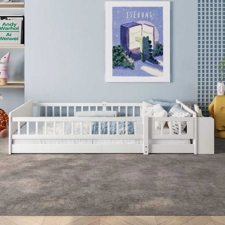 Kinderbett mit Lattenrost und Zaun (90x200 cm) Rausfallschutz, Stauraum, Einzelbett, Holzbett, Kiefer