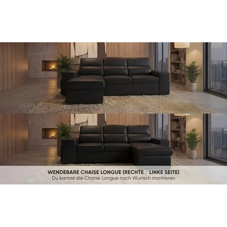 aquinos BUDWING John Eck-Schlafsofa 4-Sitzer – Reversible Chaise Longue, Verstellbare Kopfstützen & 2 Hocker – Polsterung aus Polyester – Modernes Design – 263 x 161 x 96 cm – Schwarz – Bild 6
