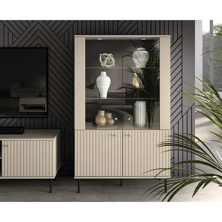 Lomadox 'Salou' Vitrinenschrank, Holz kaschmir matt, 151 x 40 x 92 cm