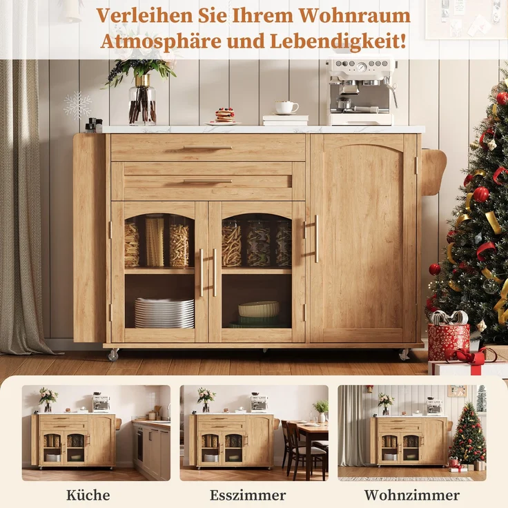Merax 138cm Mobiler Kücheninsel mit klappbarem Arbeitsbereich, Küchenwagen, 5 Rädern, mehreren Aufbewahrungslösungen, Gewürzregal, Besteckschublade, Natur – Bild 5