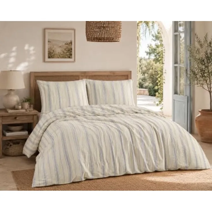 Leinen Bettwäsche Set 135x200 cm 2-teilig gestreift Beige Blau
