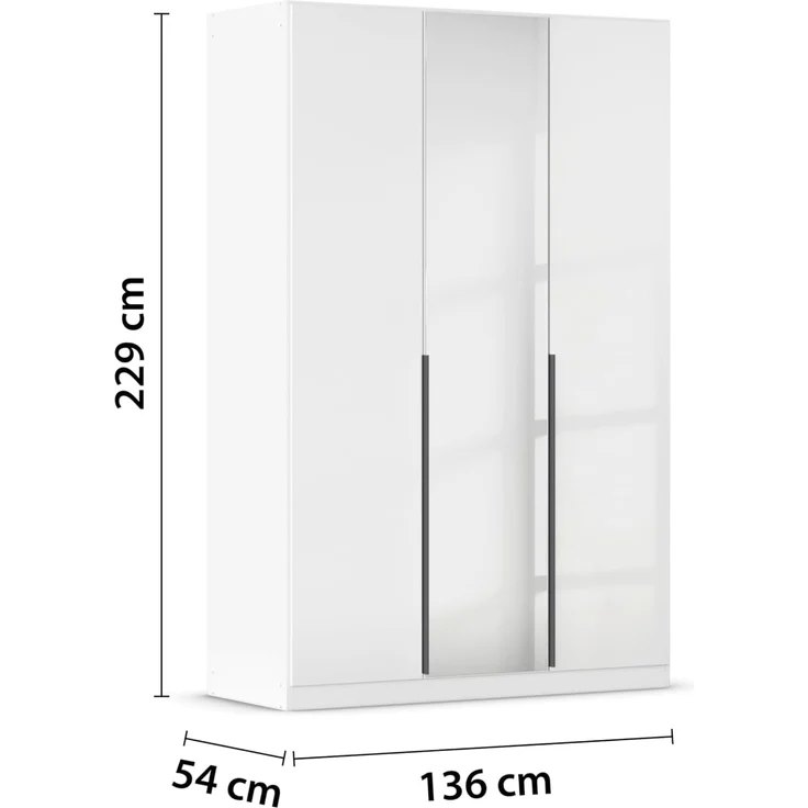 Rauch Möbel Alabama, Kleiderschrank, Garderobe, 3-türig, Spiegel, Zubehör Premium, 2 Kleiderstangen, 7 Einlegeböden, Schubladeneinsatz, Farbe Hochglanz Weiß/Weiß, Griff Grau metallic, 136 x 229 x 54 cm – Bild 3