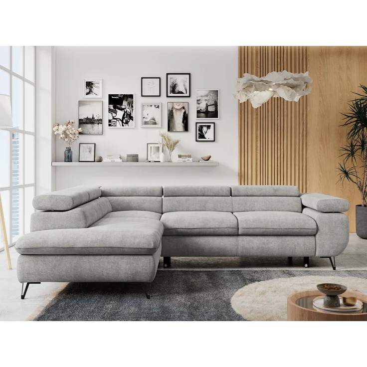 Mks Möbel 'Peter L-form' Ecksofa mit Bettfunktion, Bettkasten & einstellbaren Kopfstützen, Hellgrau, Stoff, links – Bild 4