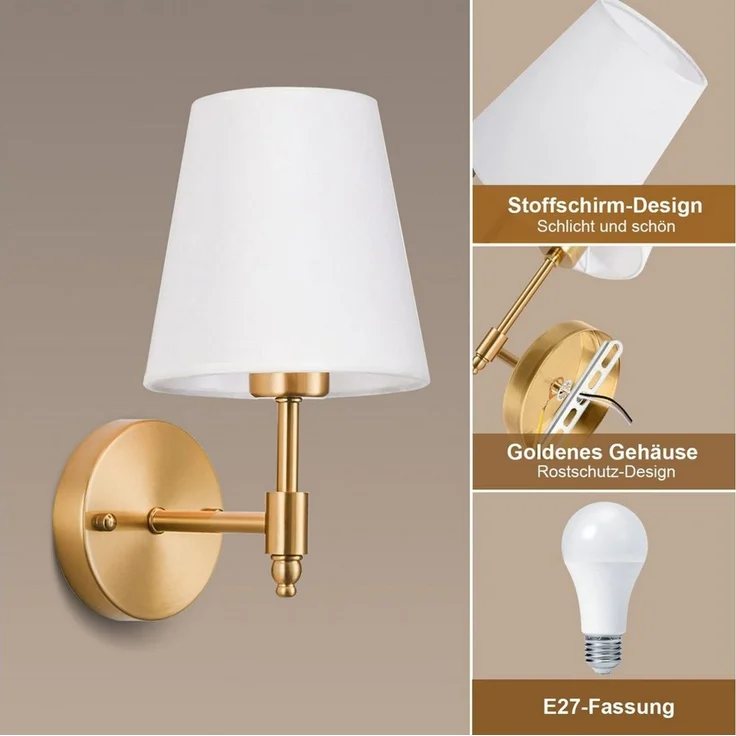 POPOLIC LED Wandleuchte Stoff Kabellose Wandleuchten,Retro Gold Wandlampen mit 1 Glühbirnen, LED wechselbar, Stoff Wandbeleuchtung E26/E27,für Wohnzimmer, Waschtisch, Badezimmer – Bild 4