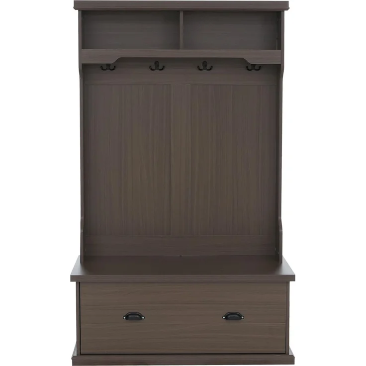 Garderobe HWC-P27, Flurgarderobe Holzgarderobe Sitzbank, 4 Haken Staufach Ablage Melamin 163x100x47cm ~ Walnuss-Optik – Bild 8
