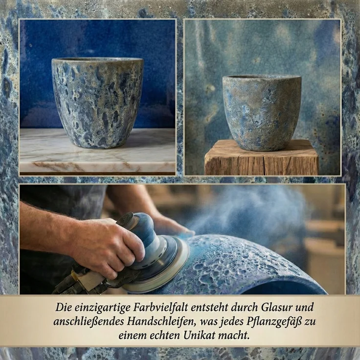 Keramik Blumentopf Eggpot Lava Blau Ø 38cm- Struktur Übertopf geschliffen Unikat – Bild 10