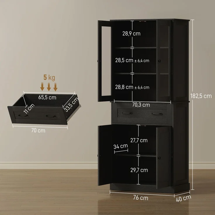 Rayofly-Küchenschrank Buffet mit Acrylfront & Schubladen, Schwarz, H 182,5cm x T 76cm x B 40cm – Bild 5
