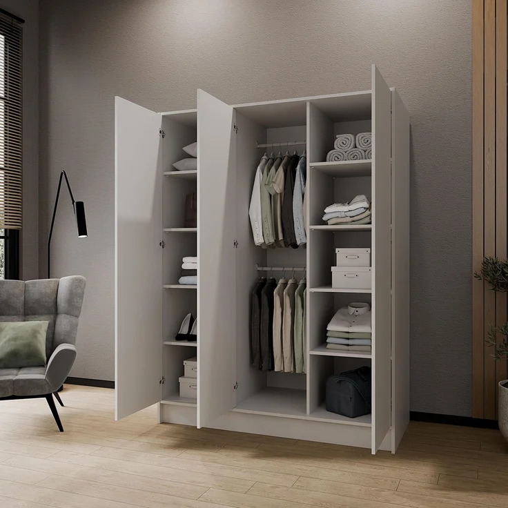 MEBLINI Kleiderschrank GALINDA 150cm - Weiß Matt - griffloser Drehtürenschrank ohne Spiegel - Push-to-Open - mit Kleiderstangen und Regalböden – Bild 3