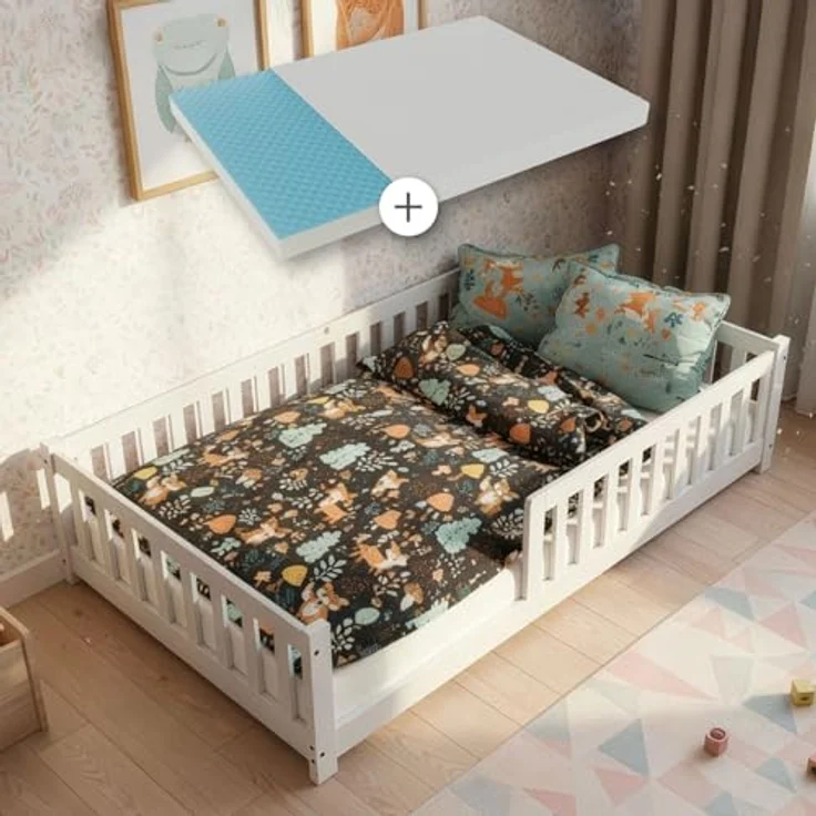 Juskys 'Naya' Kinderbett - mit Matratze, Rausfallschutz & Lattenrost - Bodenbett für Kinder 3 -10 Jahre - Holz Weiß, 120x200 cm – Bild 2