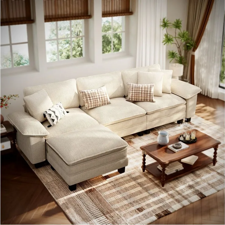 PHI VILLA Ecksofa L-Form Couch, 4-6-Sitzer-Sofa, Modulare Sofas inklusive Zierkissen und Ottomane für das Wohnzimmer