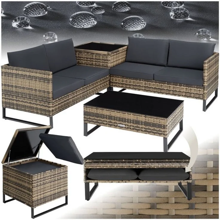 tectake Loungeset Rattan Sitzgruppe, große Aufbewahrungsbox für 4 Personen, (Gartenlounge-set Ostuni, 4-tlg, 4-tlg. in Natur), widerstandsfähig und UV-beständig, Dicke der Polster 9 cm – Bild 4