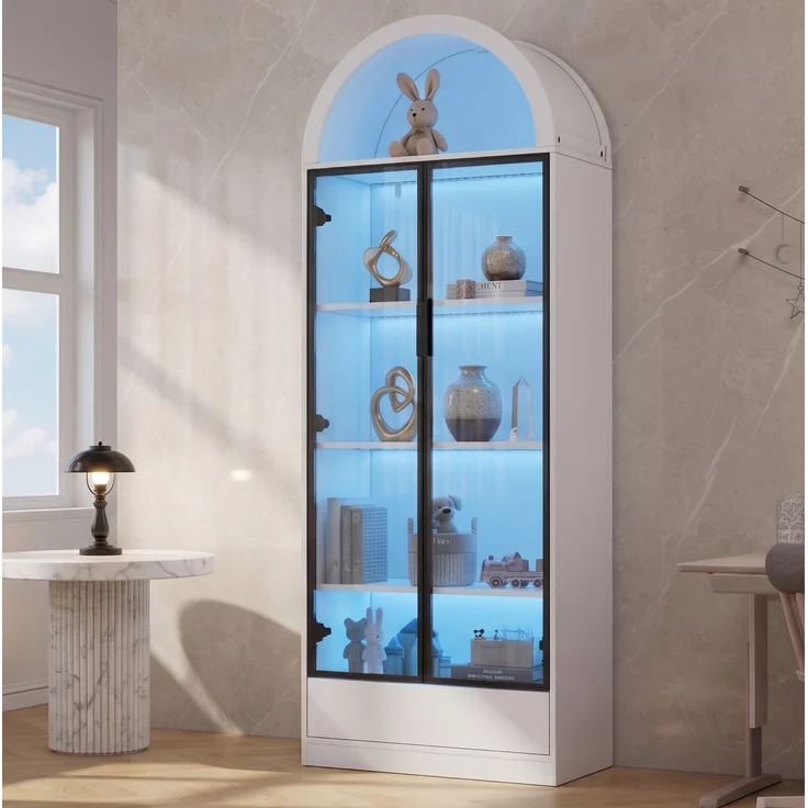 Glasvitrine mit LED-Beleuchtung, App-Steuerung und Schublade, 70x38x190 cm, Weiß – Bild 2