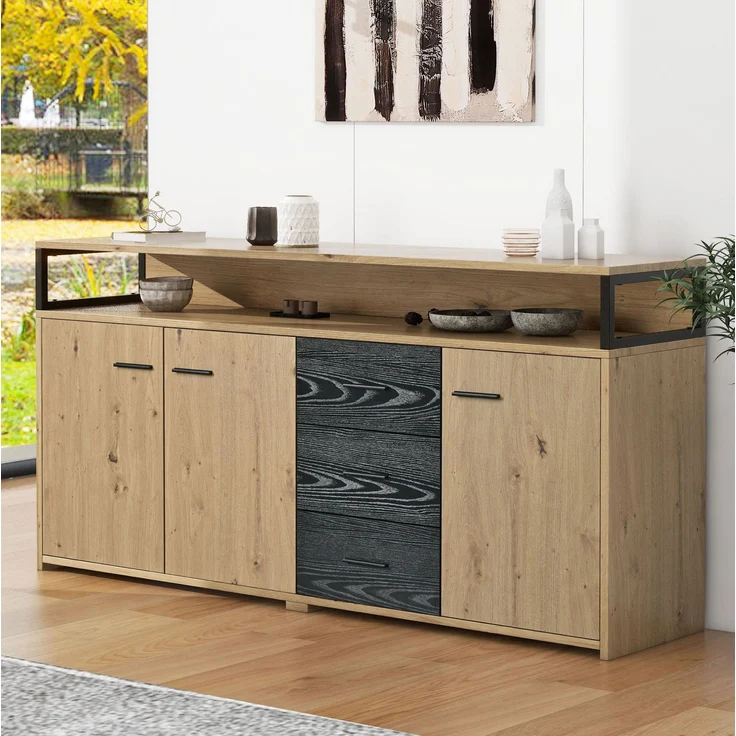 DESVIAE Sideboard mit 3 Türen und 3 Schubladen, 150x35x75,9 cm, aus Spanplatte, Schwarz-Braun – Bild 1